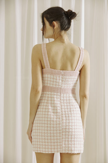 pearl button knit tweed sleeveless dress