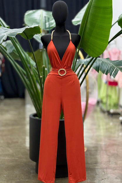 chain strap open back jumpsuit