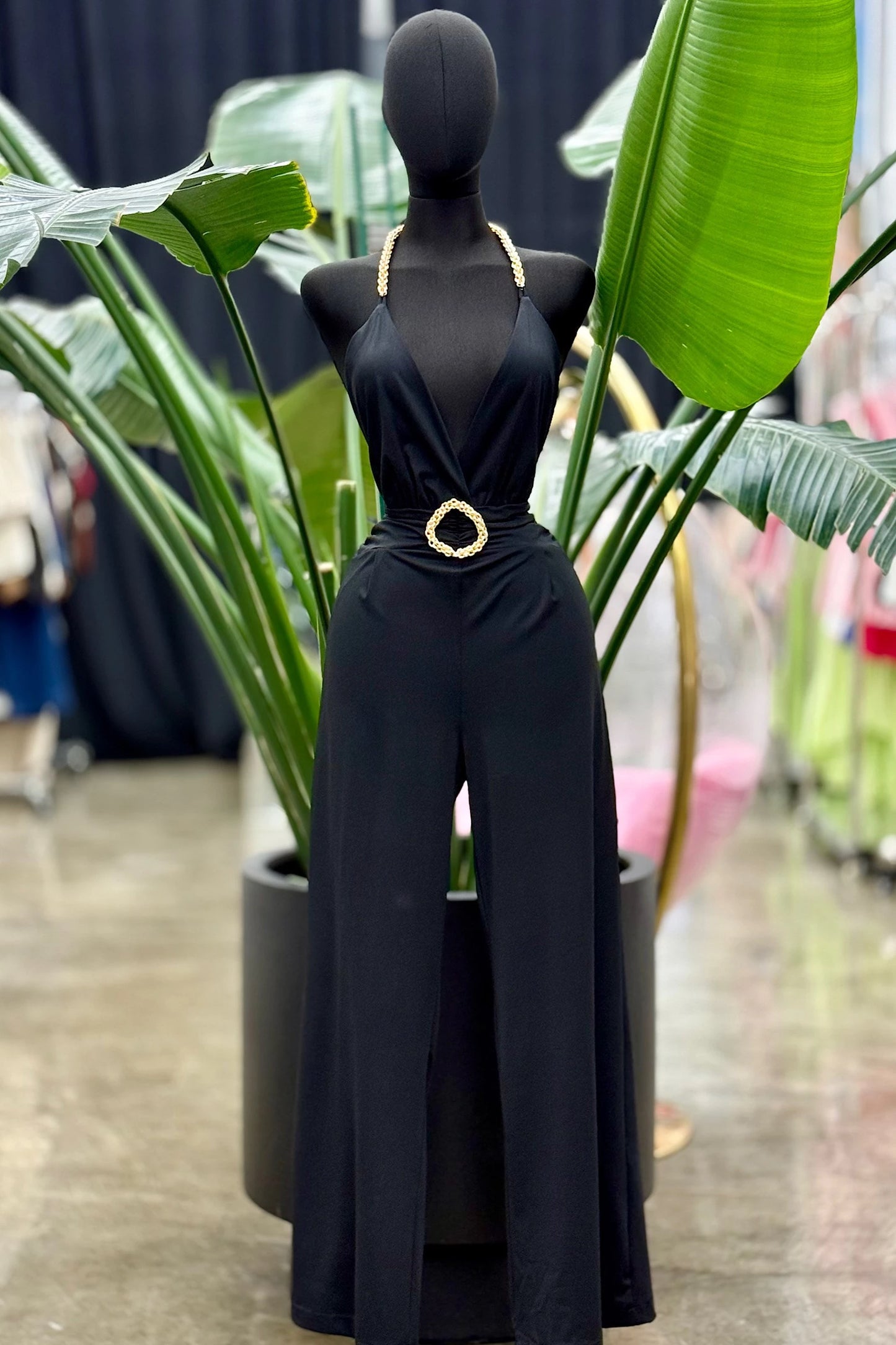 chain strap open back jumpsuit