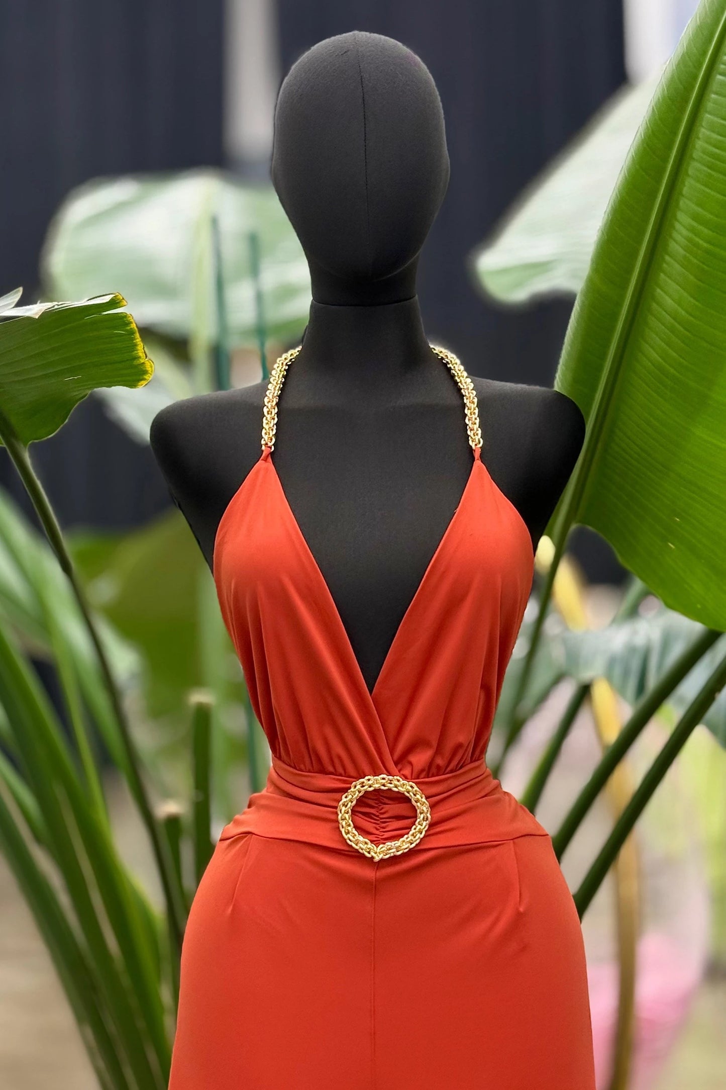 chain strap open back jumpsuit