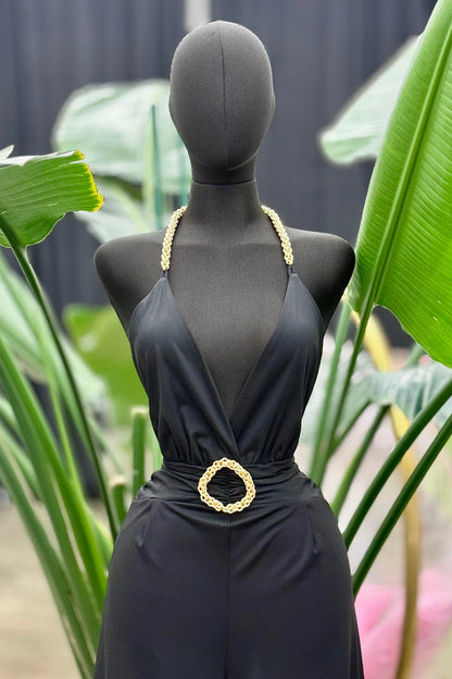 chain strap open back jumpsuit