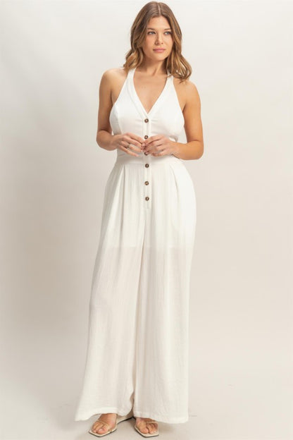 Halter Button-front Jumpsuit