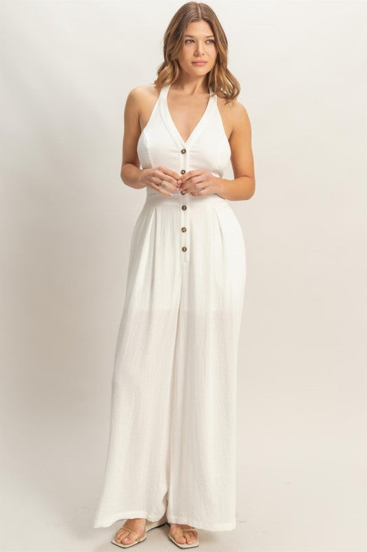 Halter Button-front Jumpsuit