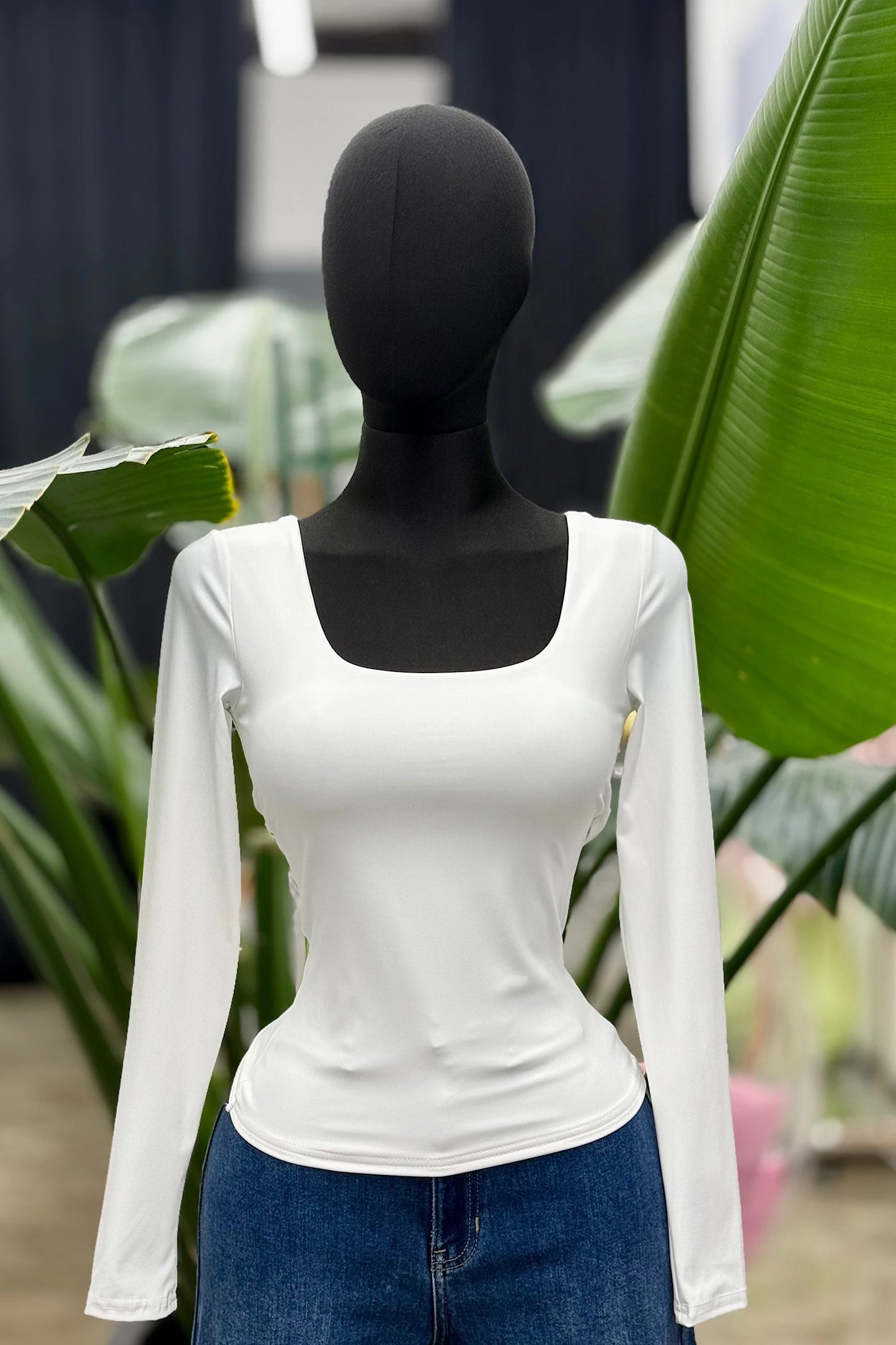 square neck cross over back long sleeve top