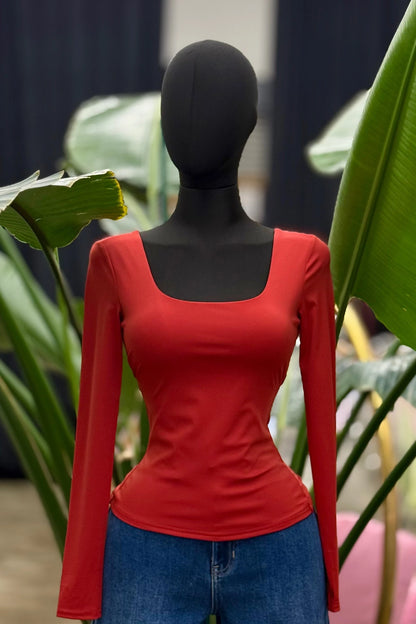 square neck cross over back long sleeve top