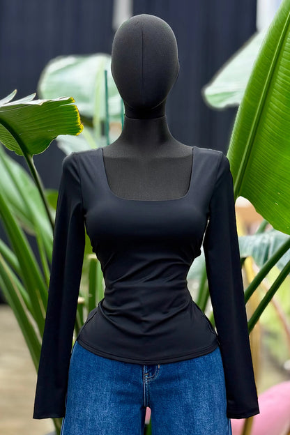 square neck cross over back long sleeve top