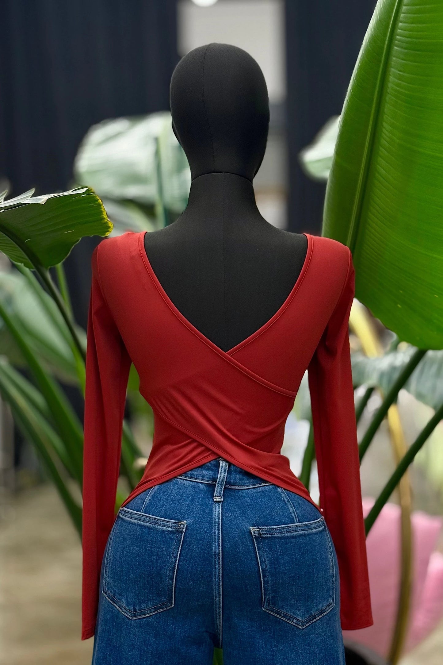 square neck cross over back long sleeve top