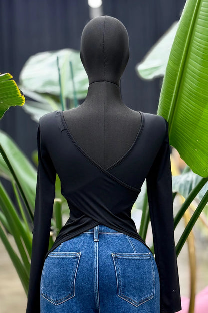 square neck cross over back long sleeve top