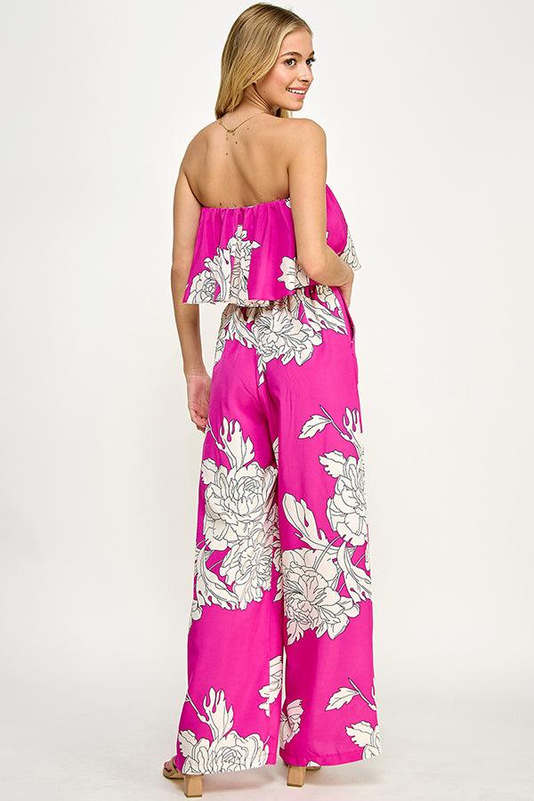 2pc set- floral strapless crop top & wide leg pants - alomfejto