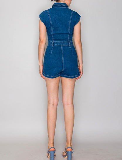 cap sleeve denim romper