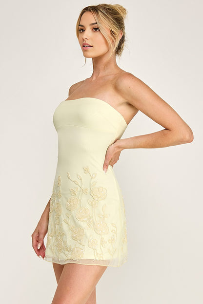 Mesh Strapless Cut Out Back Sequin Floral Mini Dress