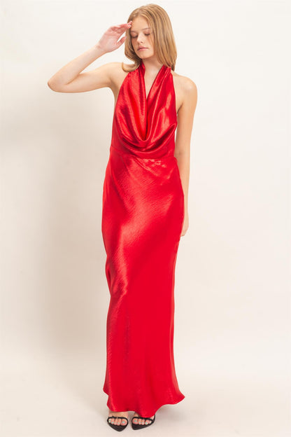 Satin Cowl Neck Halter Maxi Dress