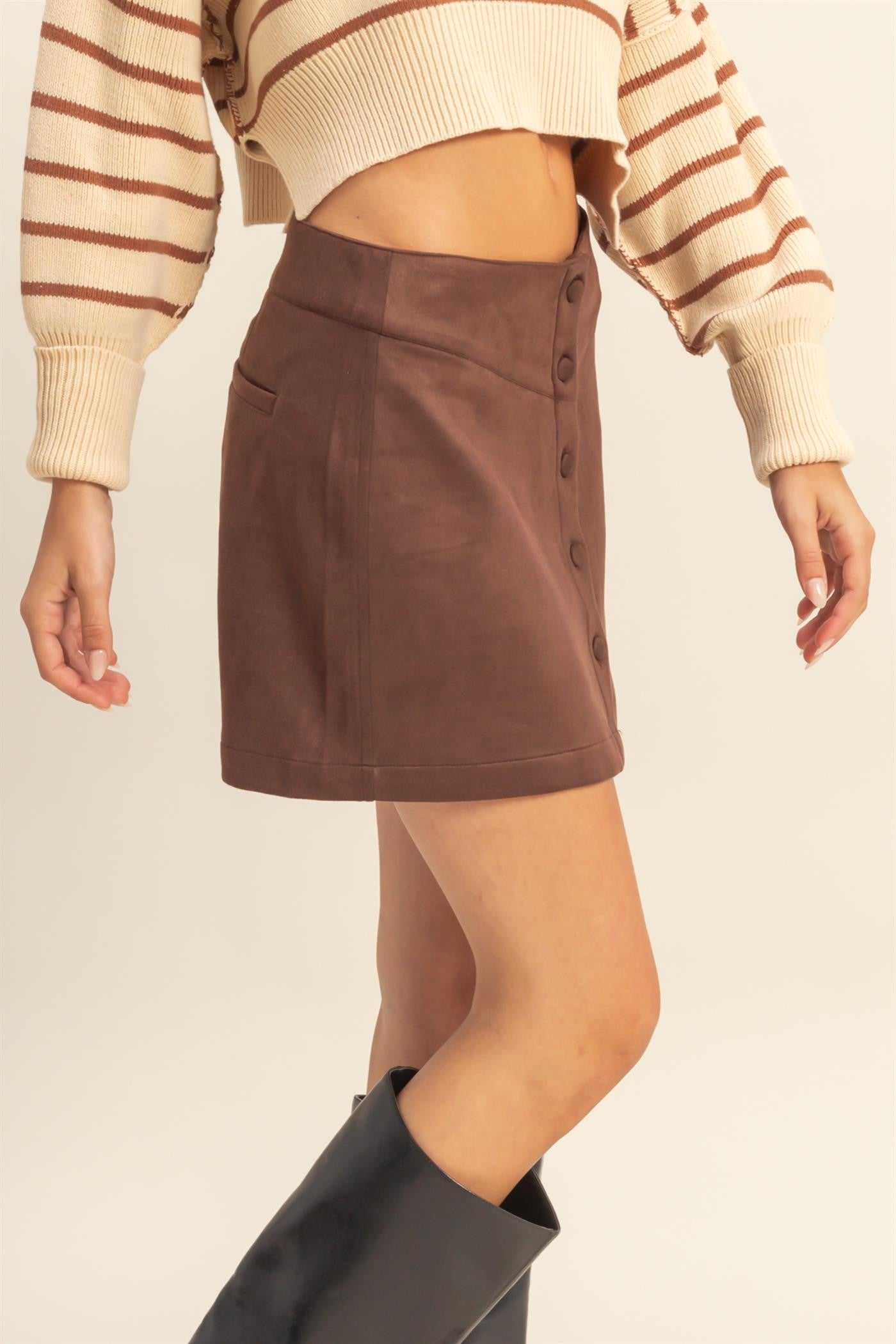 Button-front Suede Mini Skirt