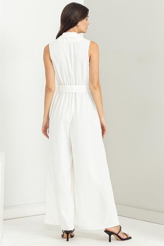belted collared sleeveless jumpsuit - RK Collections Boutique