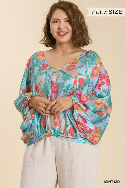 PLUS Floral Print Long Puff Sleeve V-Neck Top - RK Collections Boutique