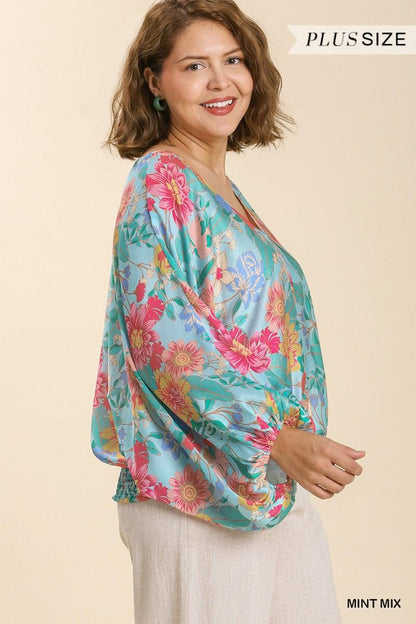 PLUS Floral Print Long Puff Sleeve V-Neck Top - alomfejto
