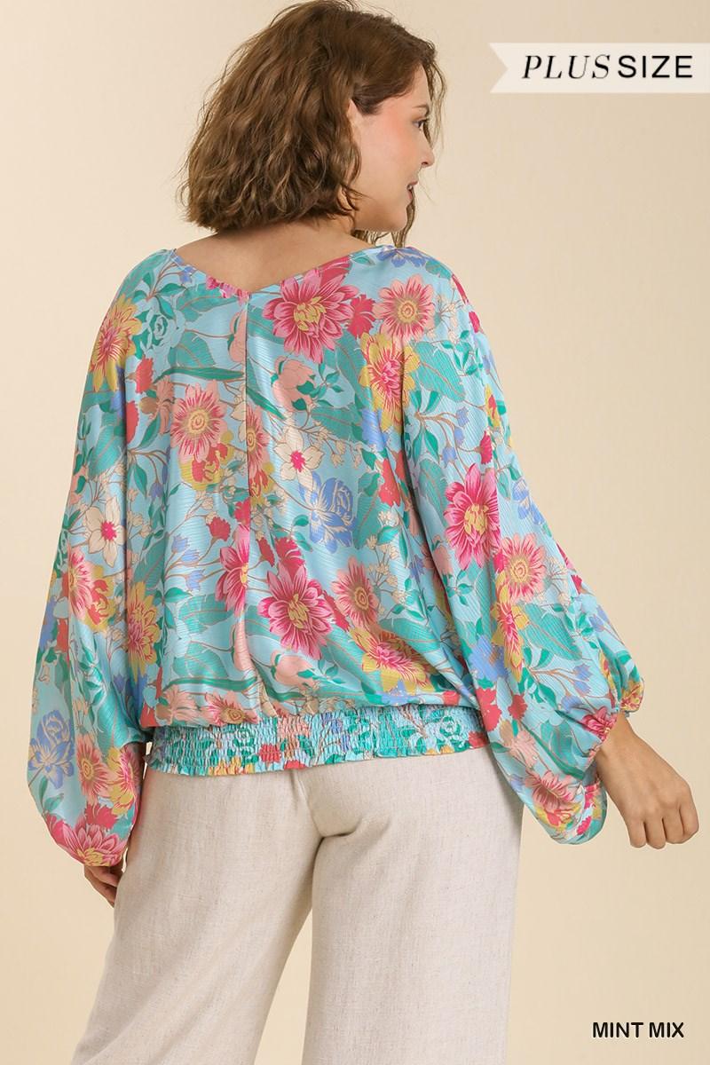 PLUS Floral Print Long Puff Sleeve V-Neck Top - RK Collections Boutique