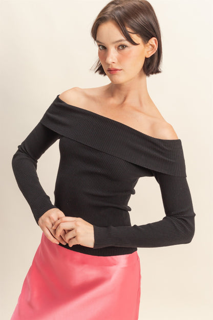 Fold over Neck Off The Shoulder Ribbed Long Sleeve Knit Top