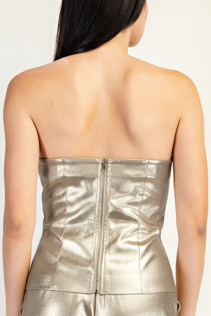 Foiled Crepe Twisted Front Detailed Strapless Top