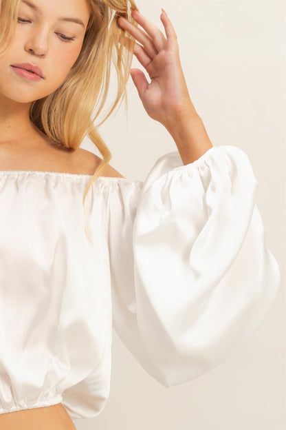 Balloon Sleeve Off the Shoulder Satin Blouse