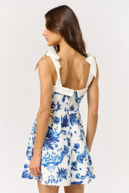 Floral Print Shoulder Bow Tie Mini Dress