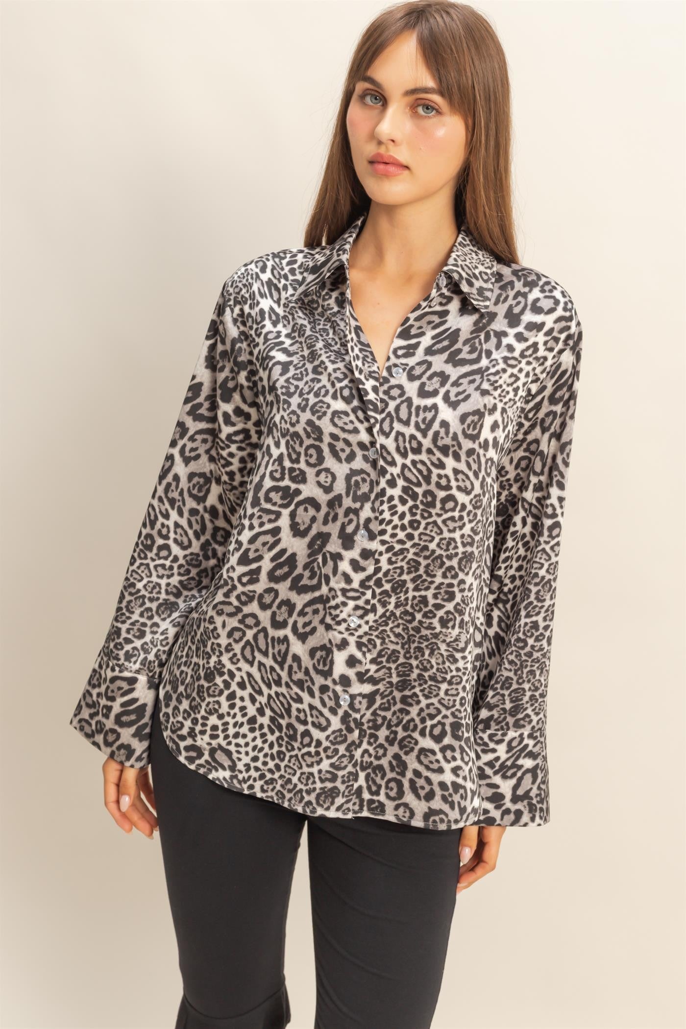 Leopard Print Satin Button-up Shirt