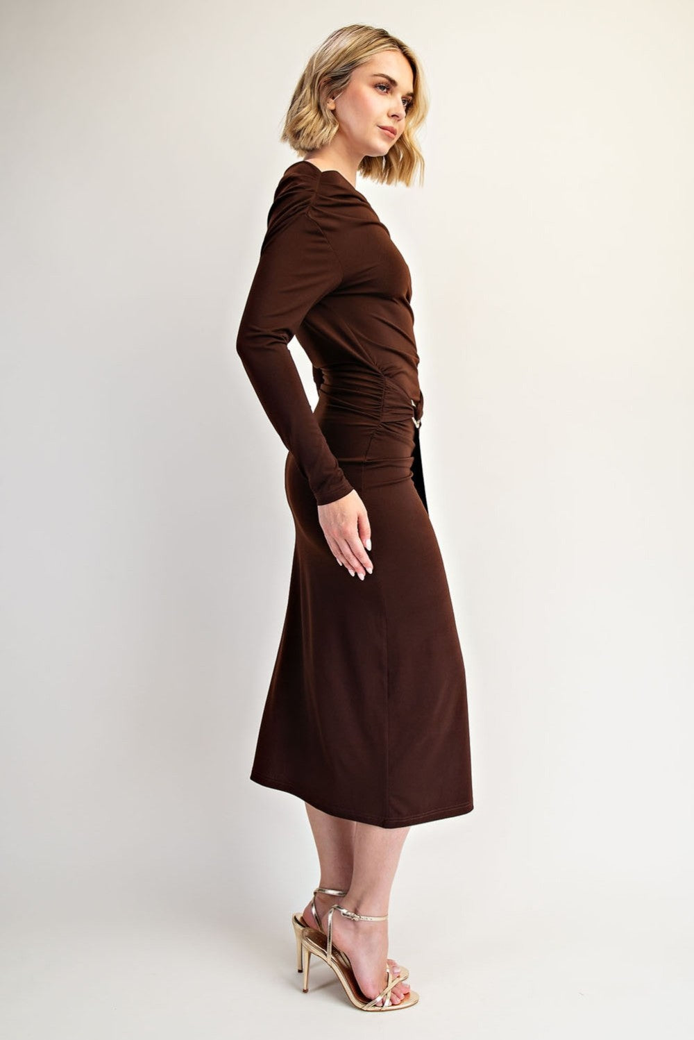 Off The Shoulder Metal Buckled Draped Long Sleeve Midi Dress