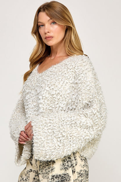 Textured Long-sleeve Fuzzy Sweater