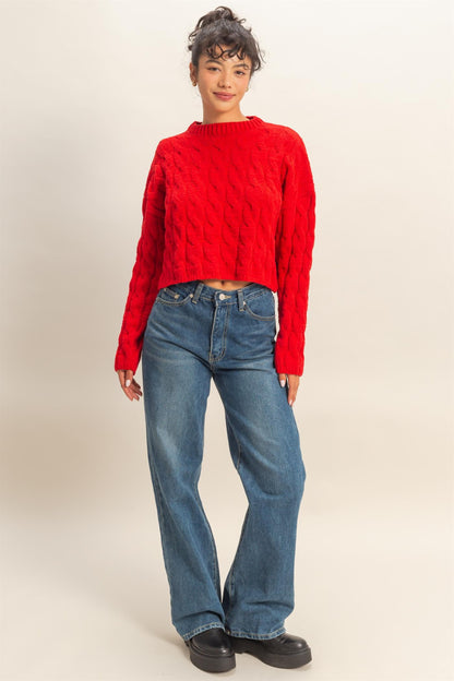 Textured Crew Neck Cable Knit Sweater