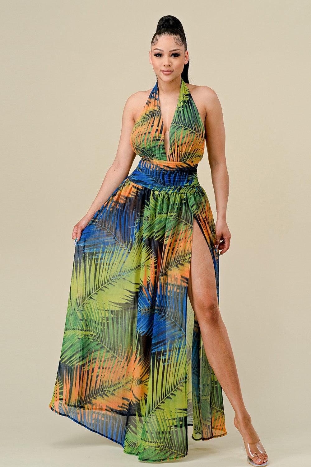 tropical palm halter maxi dress - alomfejto
