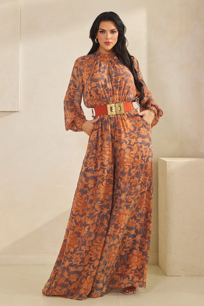 floral long sleeve mock neck wide leg jumpsuit