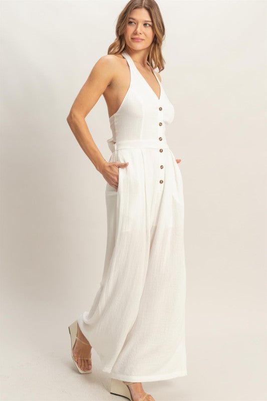 Halter Button-front Jumpsuit