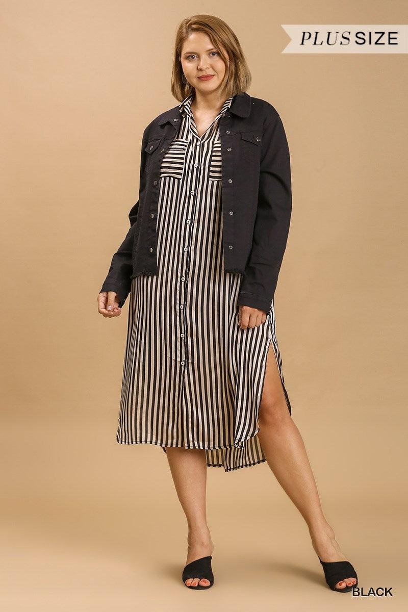 PLUS Striped Long Sleeve Button Down Midi Dress - RK Collections Boutique