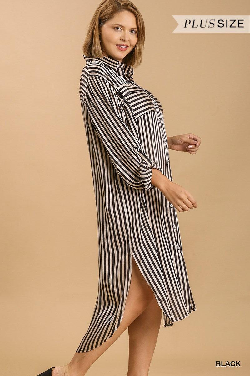 PLUS Striped Long Sleeve Button Down Midi Dress - alomfejto