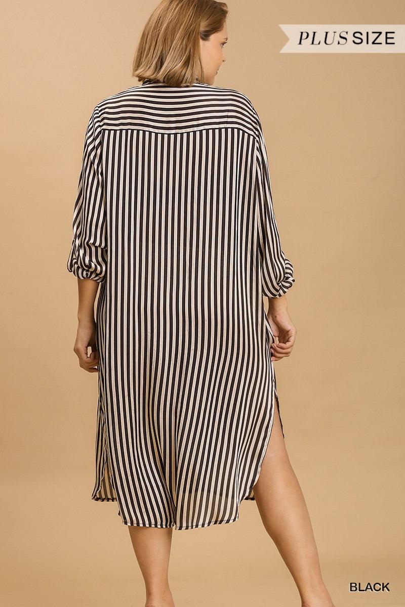 PLUS Striped Long Sleeve Button Down Midi Dress - RK Collections Boutique