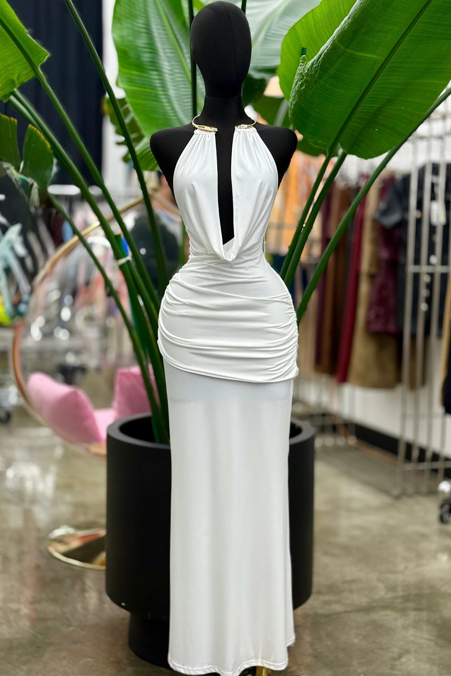 gold choker halter neck cowl maxi dress