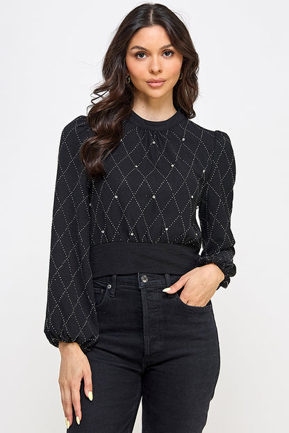 diamond pattern rhinestone studded chiffon blouse