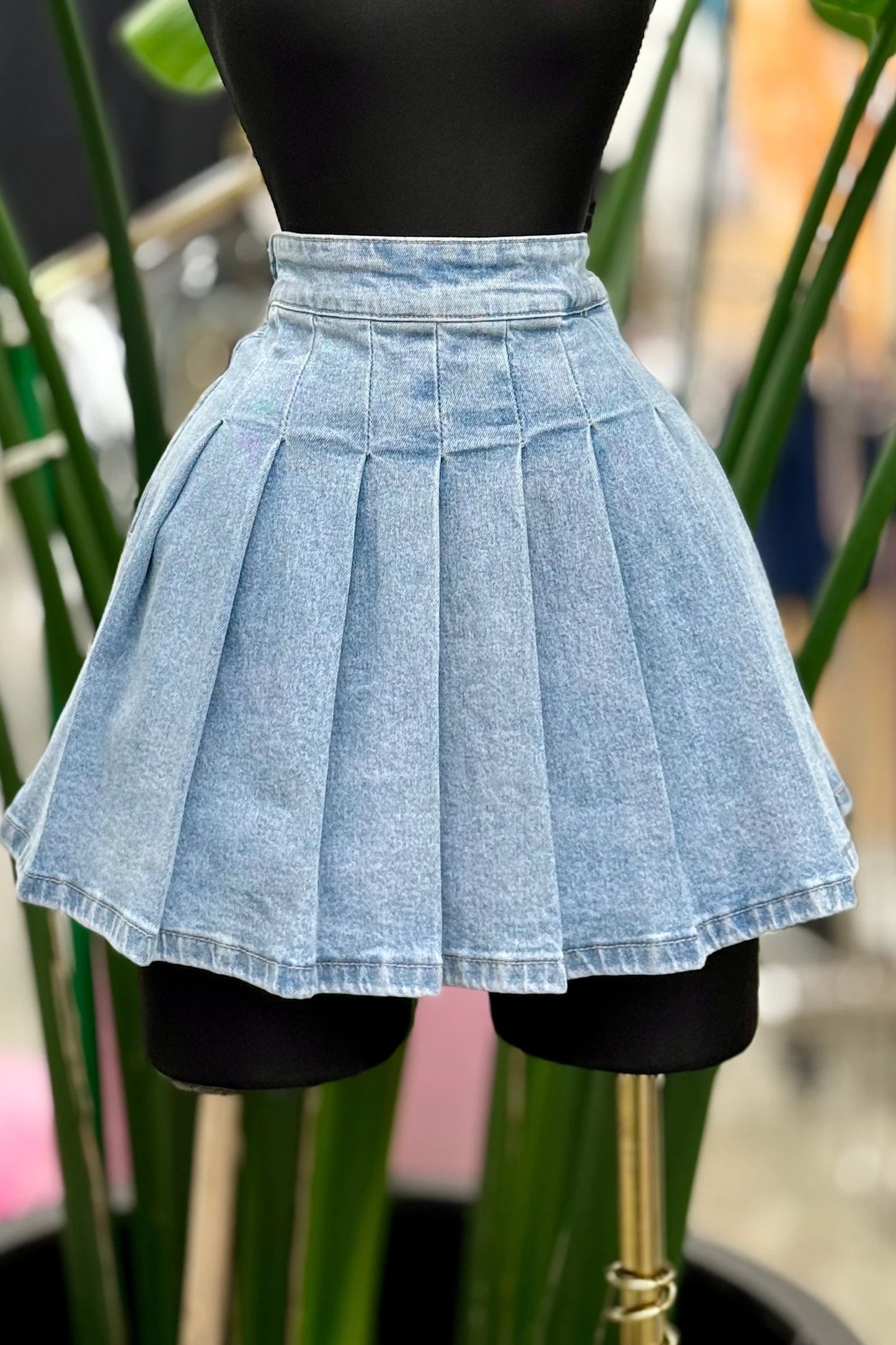 pleated denim tennis skirt