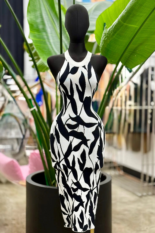 knit leaf print sleeveless midi dress