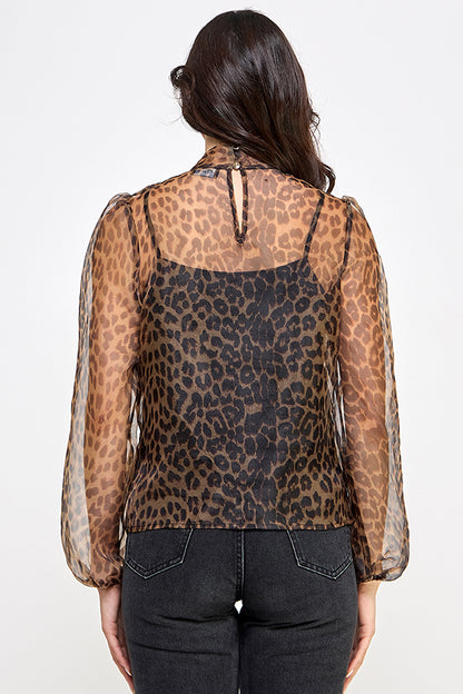 sheer leopard long sleeve blouse