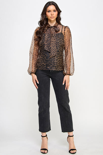 sheer leopard long sleeve blouse