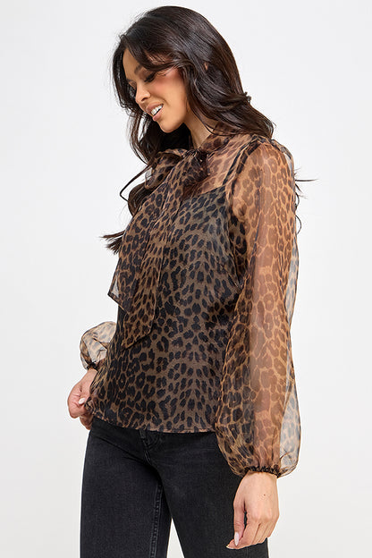 sheer leopard long sleeve blouse