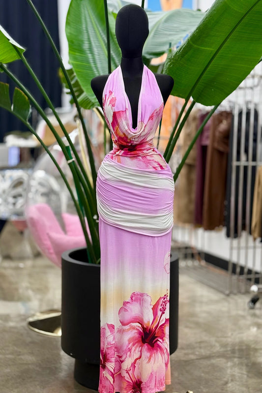 tropical floral jersey halter maxi dress