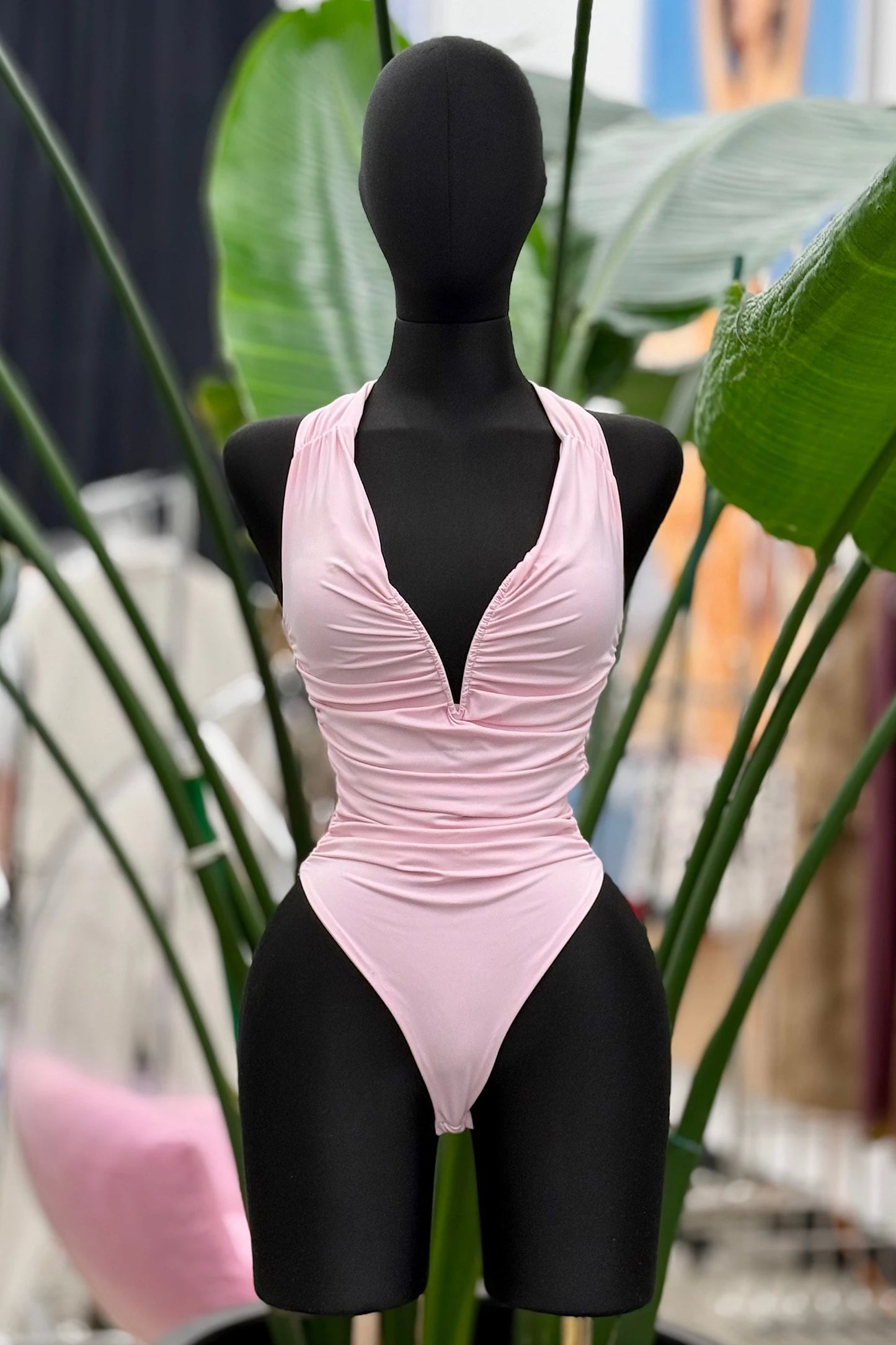 metal v wire ruched halter bodysuit