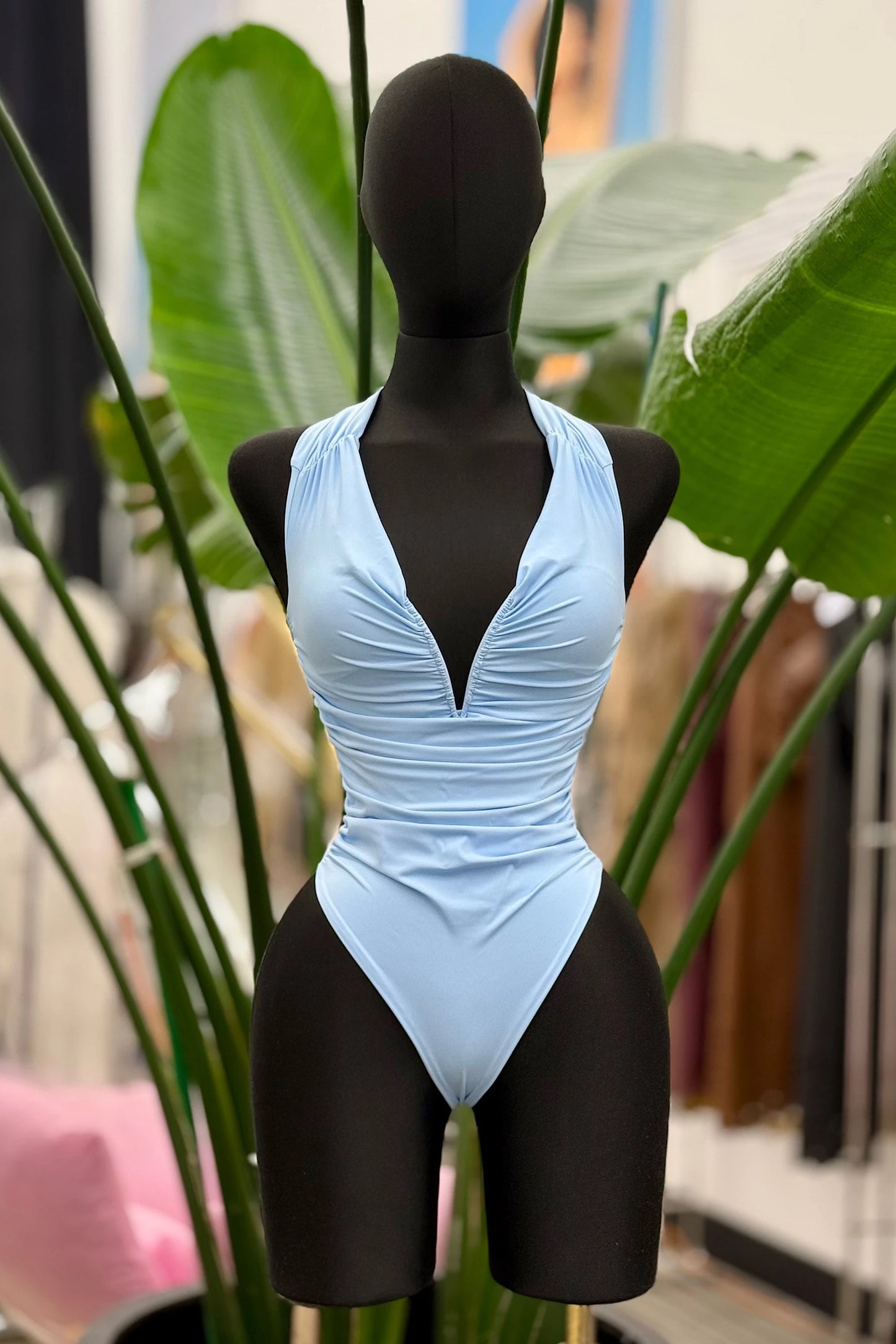 metal v wire ruched halter bodysuit