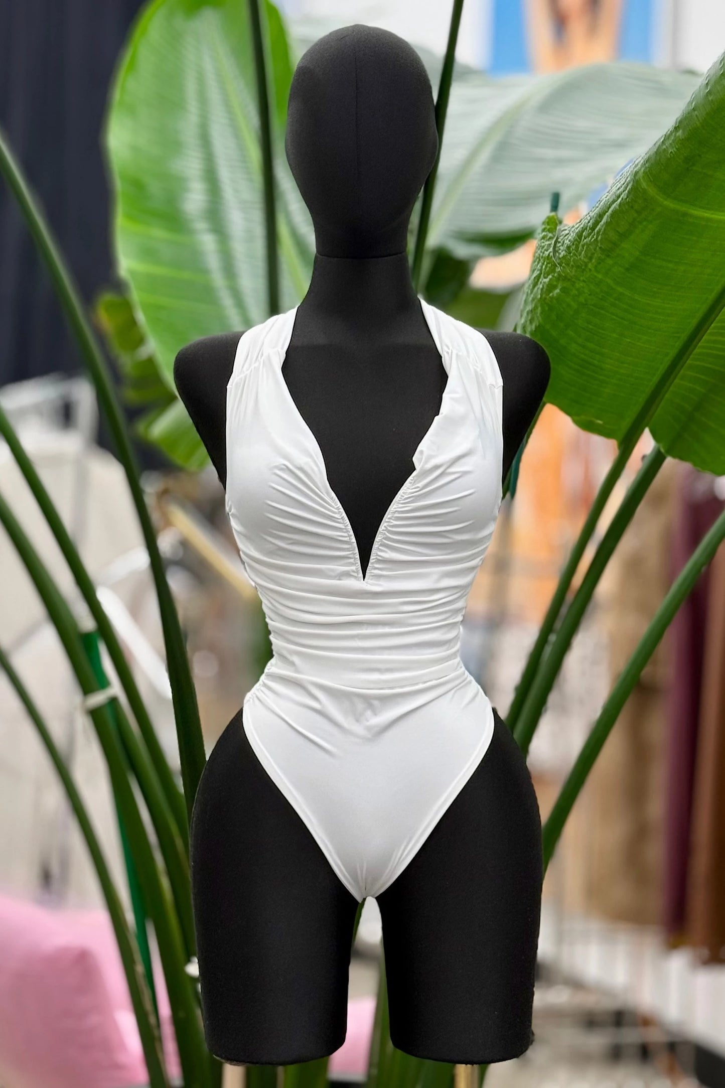 metal v wire ruched halter bodysuit