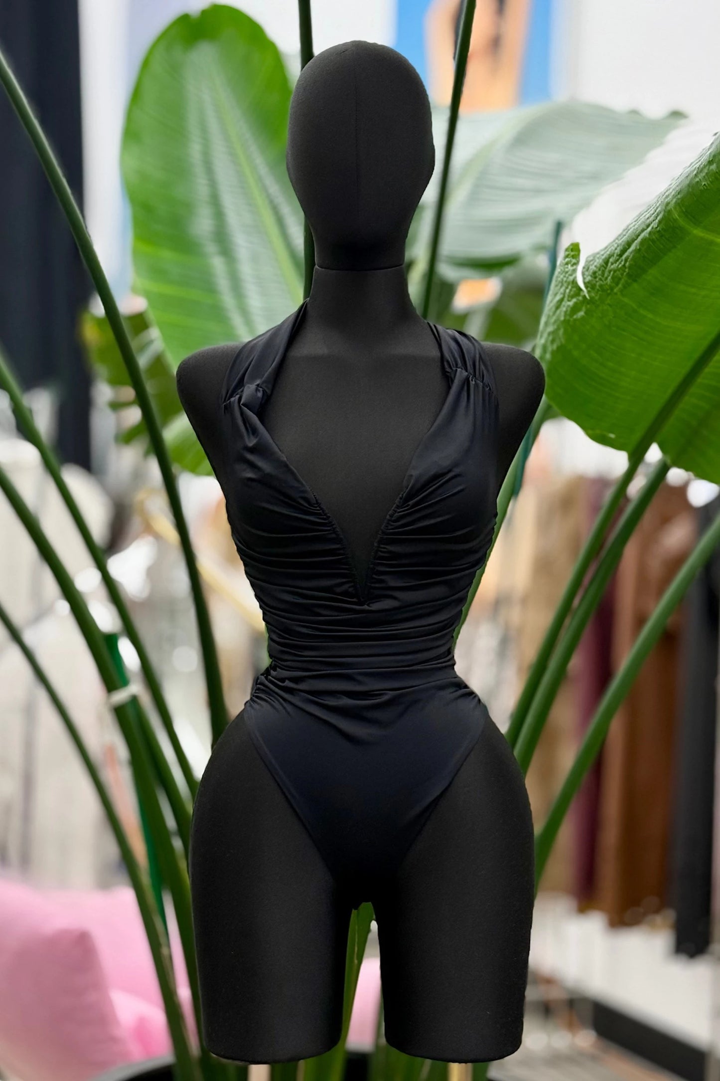 metal v wire ruched halter bodysuit