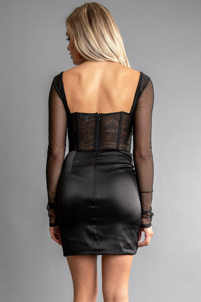 satin & sheer mesh corset dress