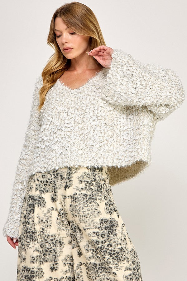 Textured Long-sleeve Fuzzy Sweater