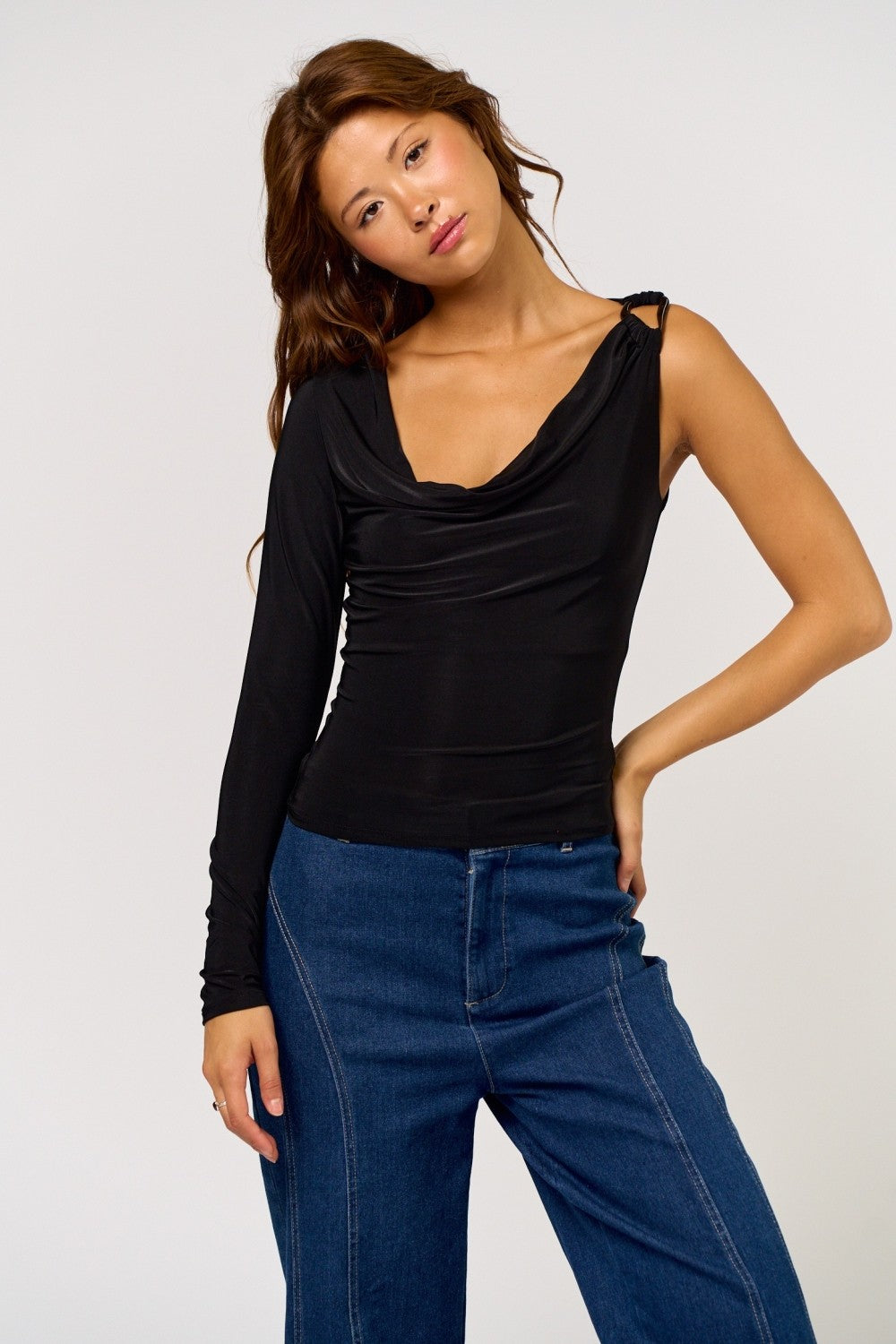 One Shoulder Cowl Long Sleeve Top With Trim